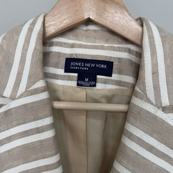 Jones New York Signature Tan Striped Jacket w Tie Belt Womens M Cotton Linen - Picture 3 of 9
